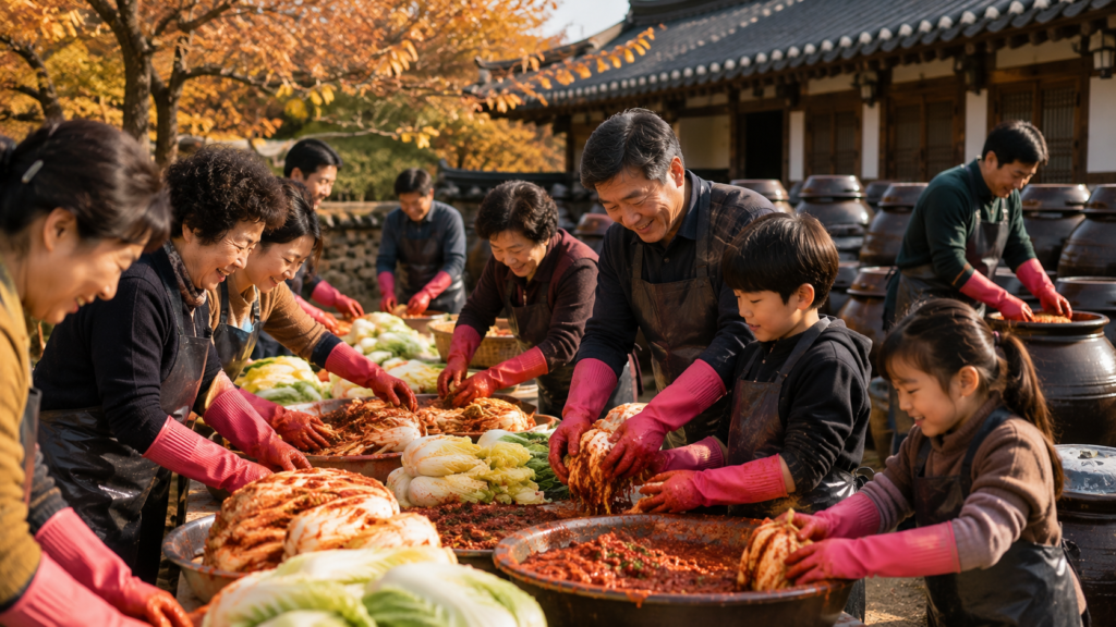 Korean families preparing kimchi together during the traditional Kimjang ceremony