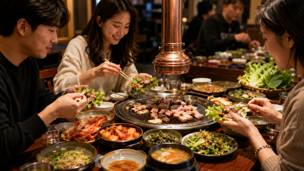 Korean barbecue served with kimchi and traditional side dishes in an authentic restaurant