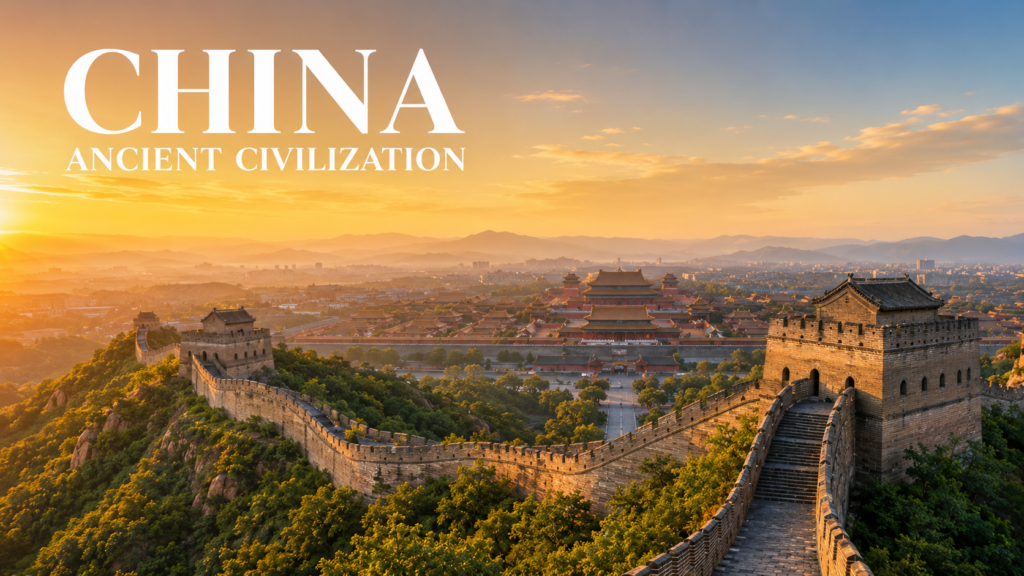 The Great Wall of China stretching across mountains at sunrise with the Forbidden City in the distance