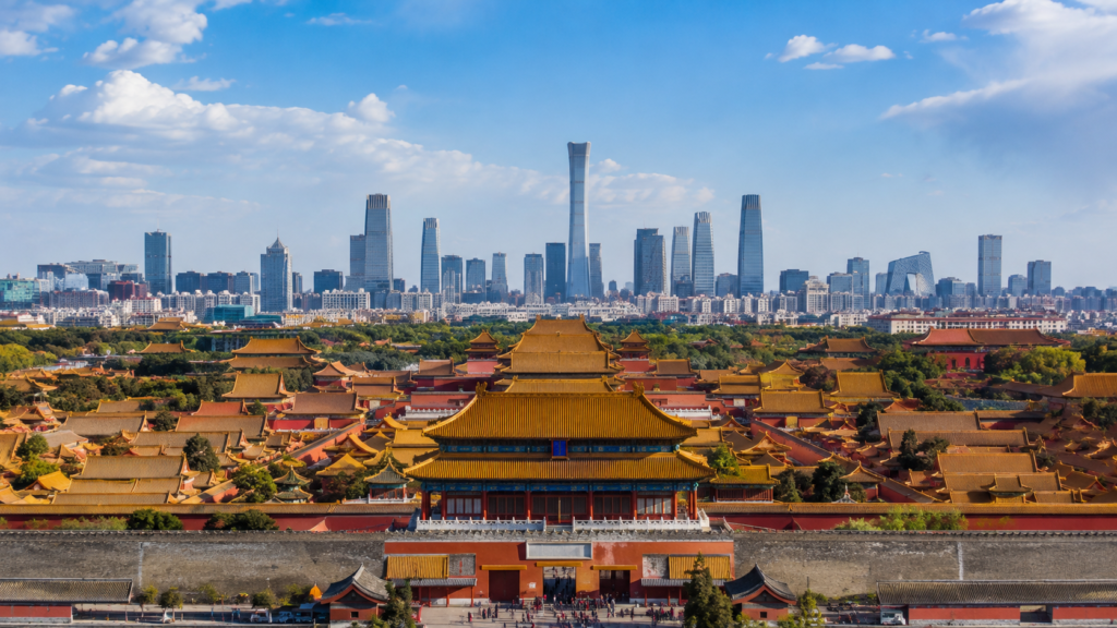 The Forbidden City with Beijing's modern skyline representing ancient and modern China