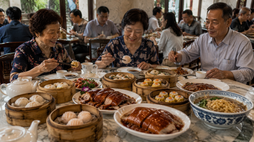 Authentic Cantonese dim sum served in a traditional Guangzhou tea house