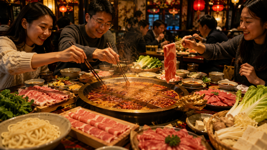 Traditional Sichuan hot pot with spicy broth and fresh ingredients