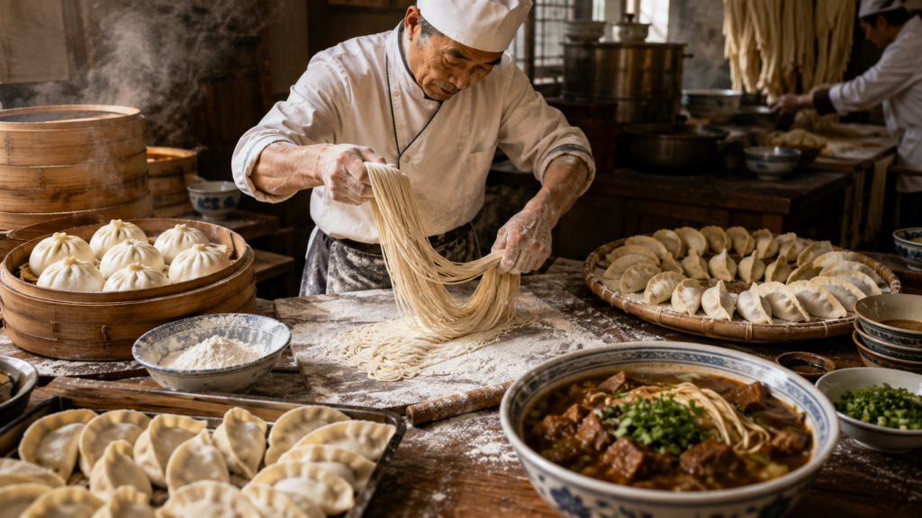 Chinese chef preparing handmade noodles and dumplings in a traditional kitchen