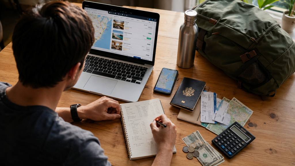 Traveler planning a budget and comparing costs before a trip
