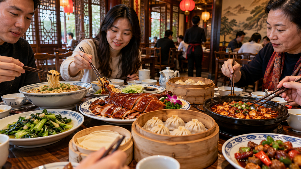 Traditional Chinese cuisine with Peking duck, dumplings, mapo tofu and noodles