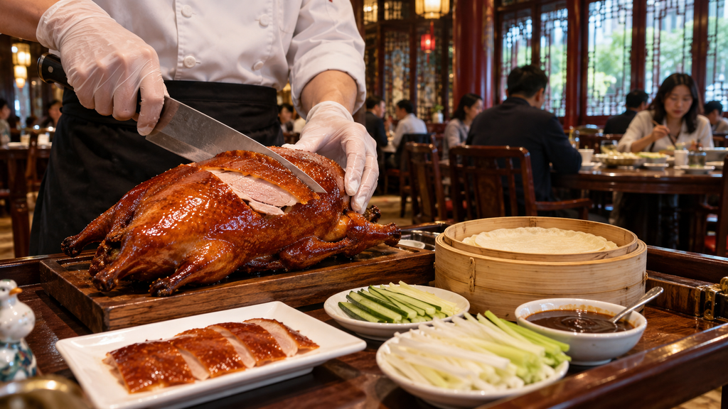 Chef slicing traditional Peking duck in a Beijing restaurant