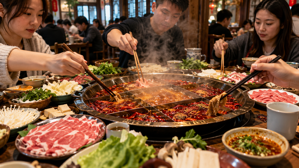 Traditional Sichuan hot pot with meat, tofu and vegetables in Chengdu