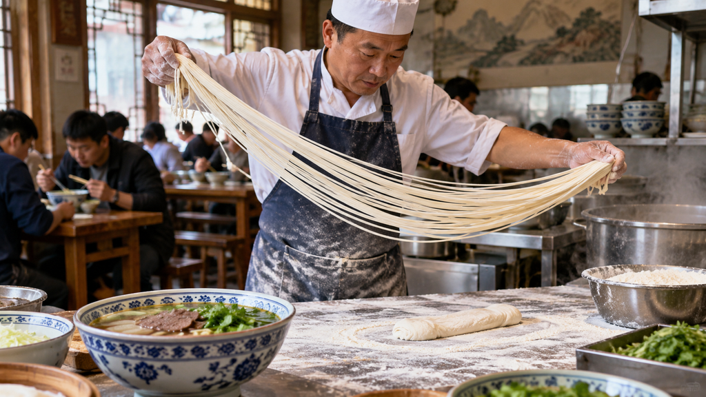Chinese noodle maker preparing traditional hand-pulled Lanzhou beef noodles