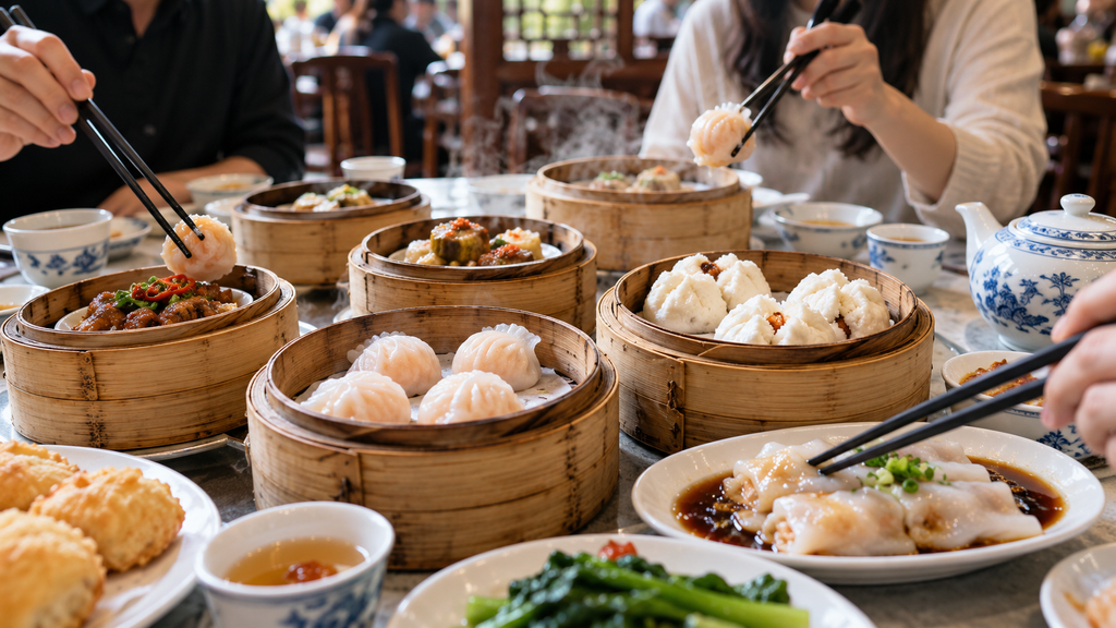 Traditional Cantonese dim sum with dumplings and steamed buns in bamboo baskets